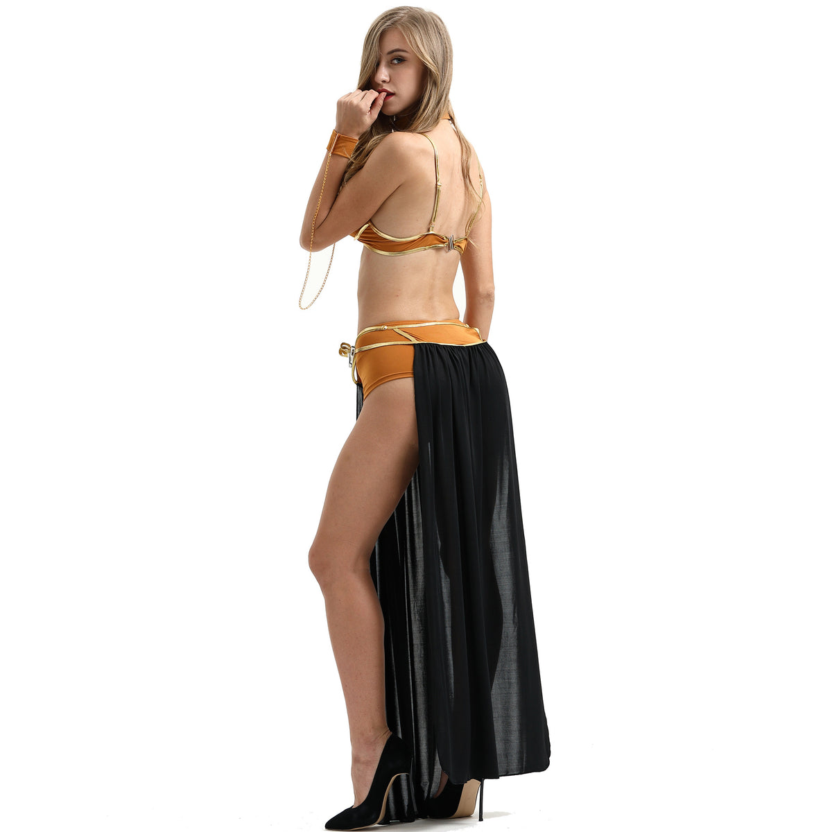 Velvet slave princess costume set side back view with gold halter bra and black slit skirt