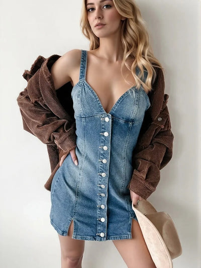 Denim Cami Mini Dress - Button Down Front Slit Hem