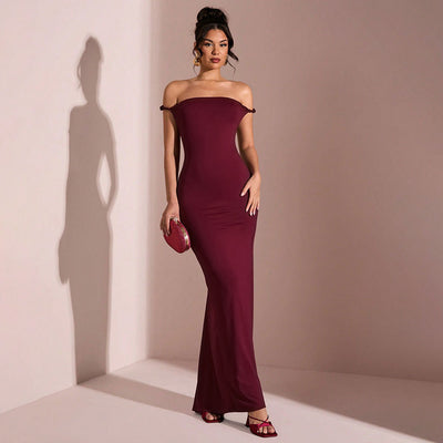 Burgundy Mermaid Maxi Dress - Off Shoulder Ruched Open Back