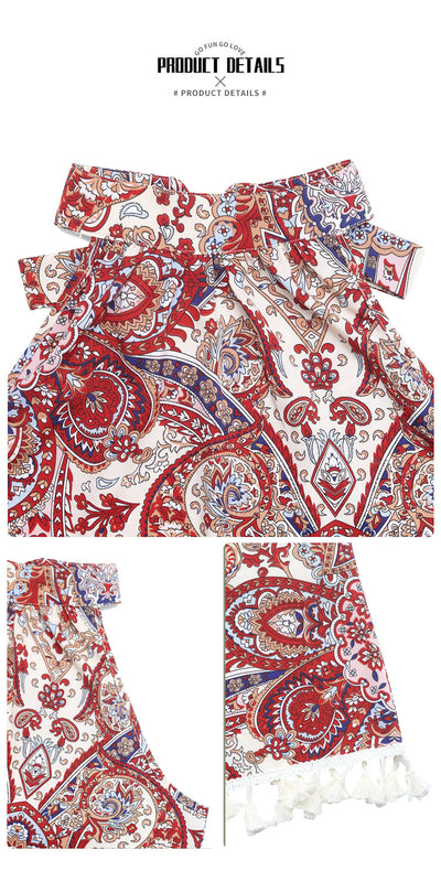 Red Paisley Halter Mini Dress - Boho Tassel Fringe Hem