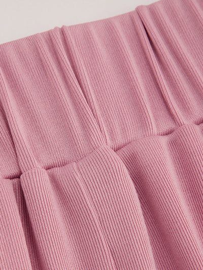Pink V-Neck Crop Top Wide Leg Pants Set - Pleated Shoulder