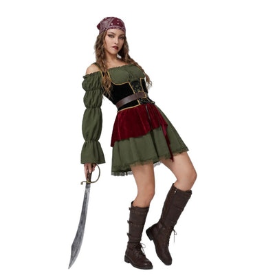 Pirate costume dress with headscarf, dark green puff sleeves, maroon peplum, corset belt