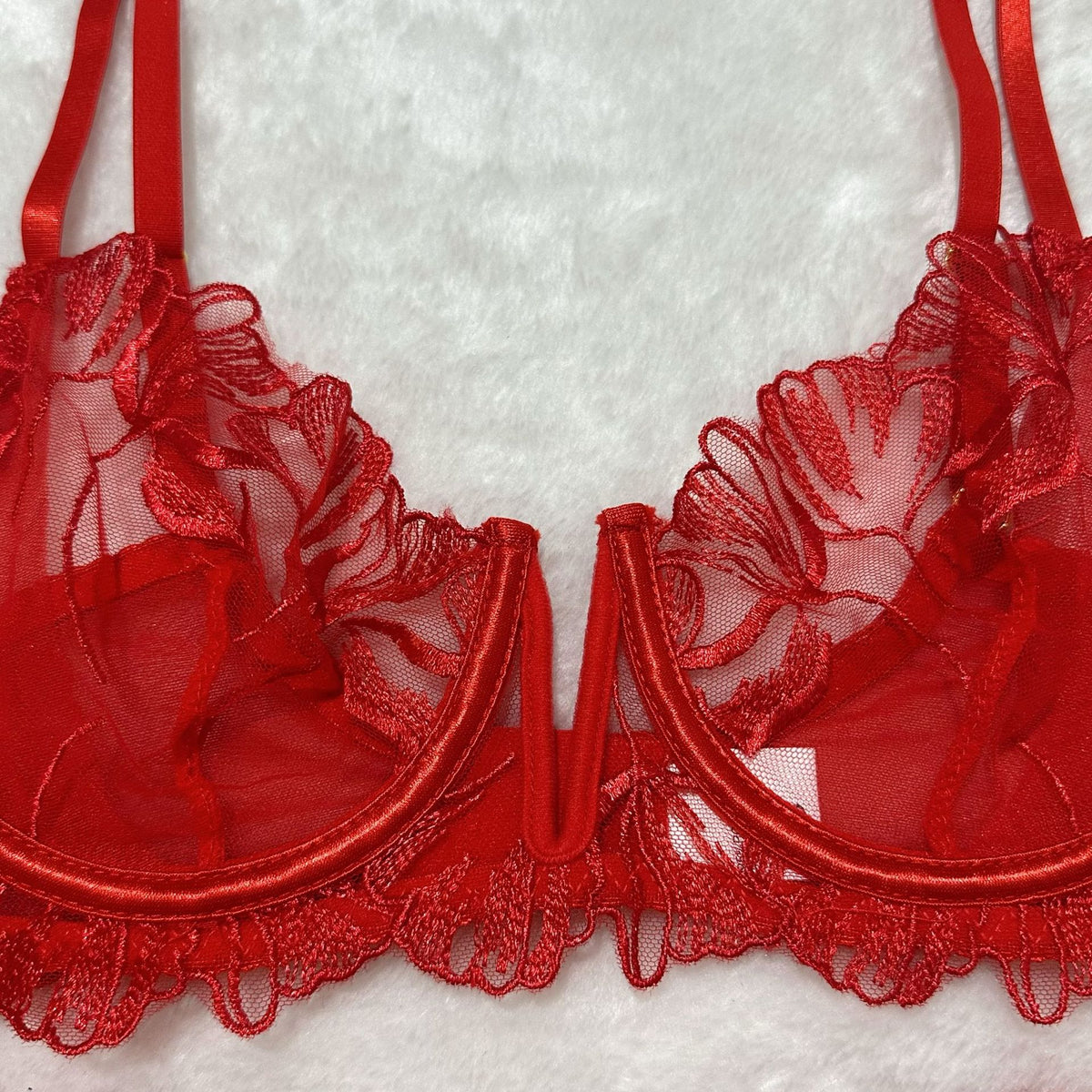Red sheer floral lace lingerie set bra, underwire cups with scalloped lace trim.