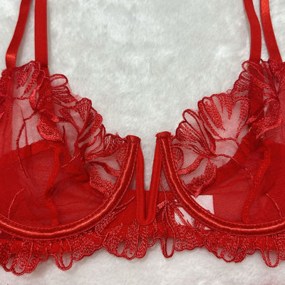 Red sheer floral lace lingerie set bra, underwire cups with scalloped lace trim.