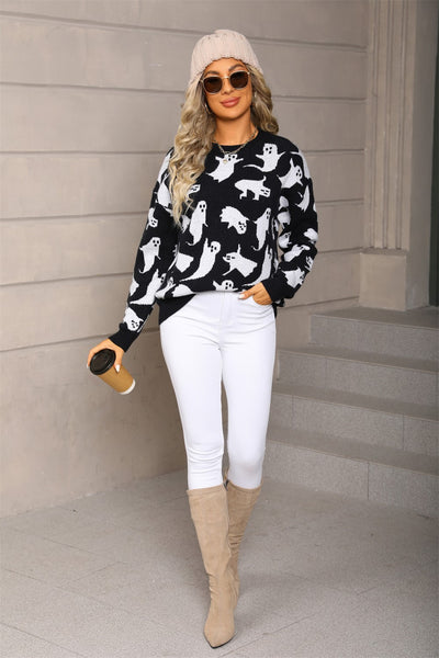 Halloween Ghost Sweater - Ribbed Crewneck Knit Pullover