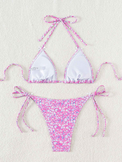 Floral Triangle Bikini - Lace Up Front Tie Bottoms Set