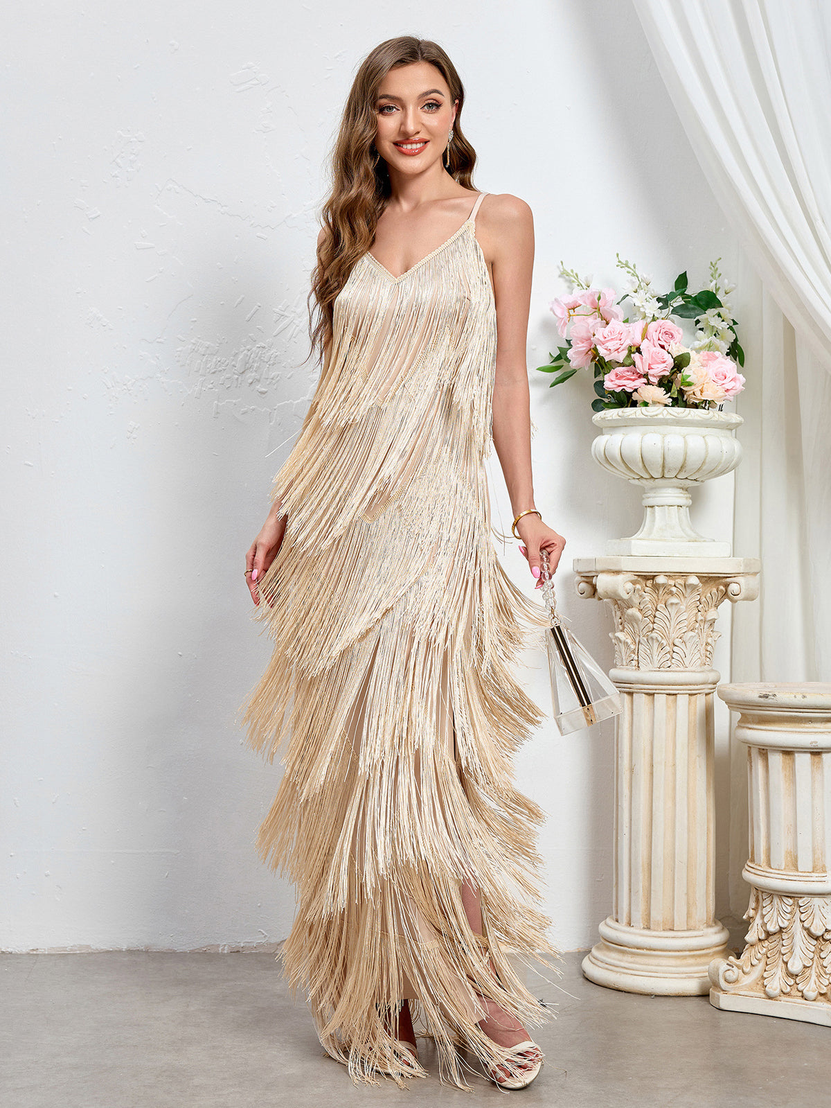 Apricot sleeveless fringe maxi dress with V-neck and long tassel strands