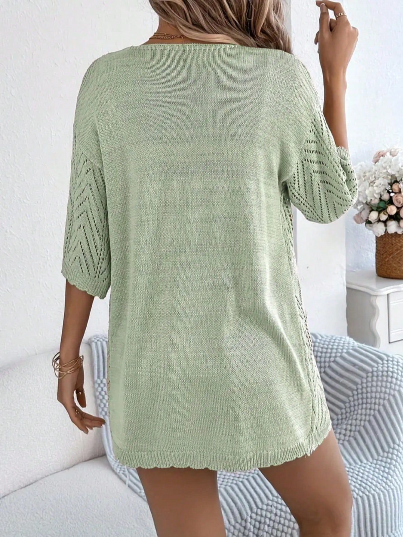 Women's Lightweight Open Front Knit Cardigan - Chevron Pointelle