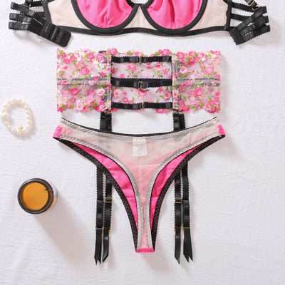 Floral Embroidered Lingerie Set - Garter Belt & Thong Included