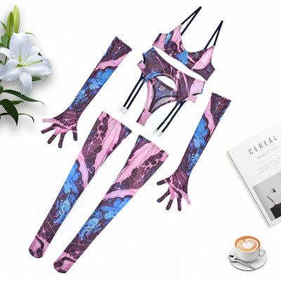 Abstract Print Mesh Five-Piece Lingerie Set - Garter and Gloves