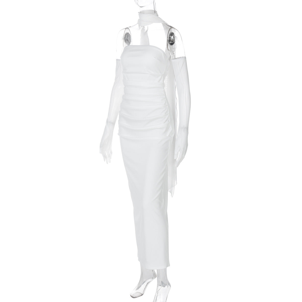 Halter Neck Strapless Maxi Dress - Open Back Mesh Glove Column Gown