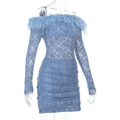 Off Shoulder Lace Dress - Blue Bodycon Mini - Fashions Envy