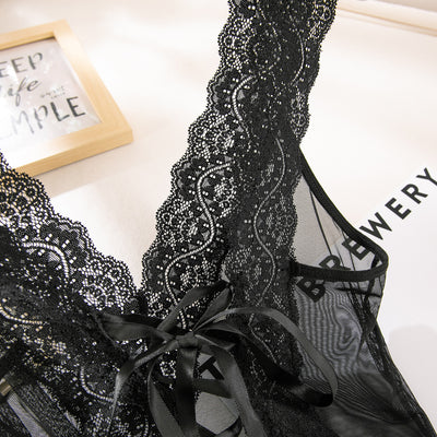 Black lace-trim mesh chemise neckline with lace-up detail