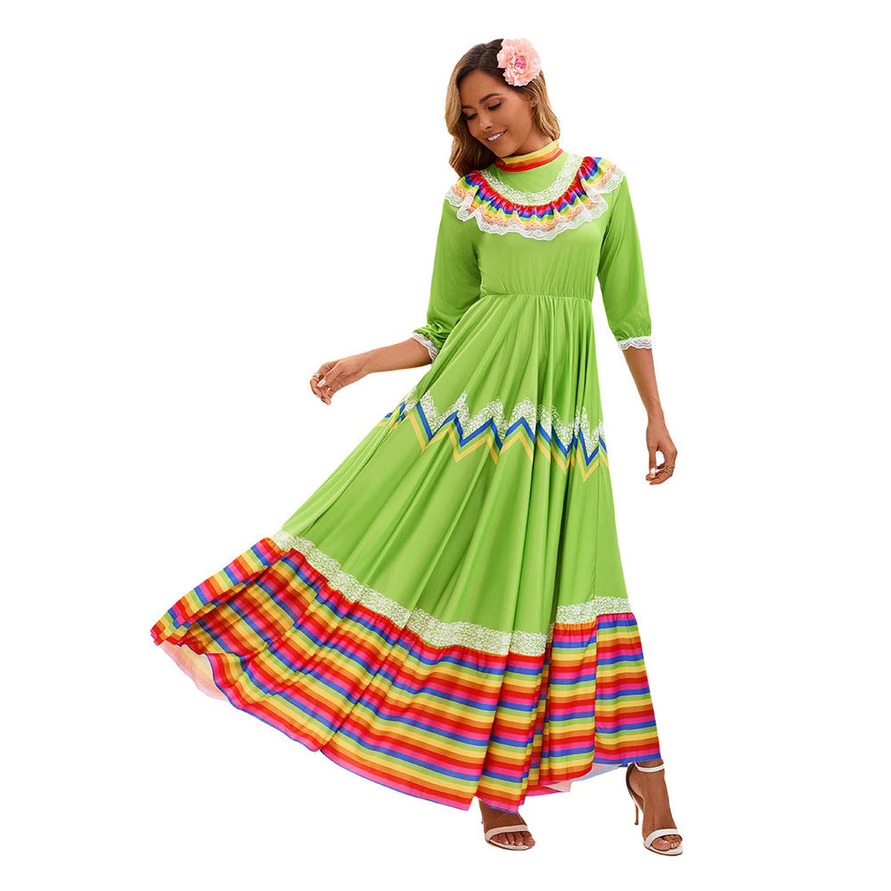 Folkloric Maxi Skirt Costume Dress - Rainbow Stripe Ruffle Hem