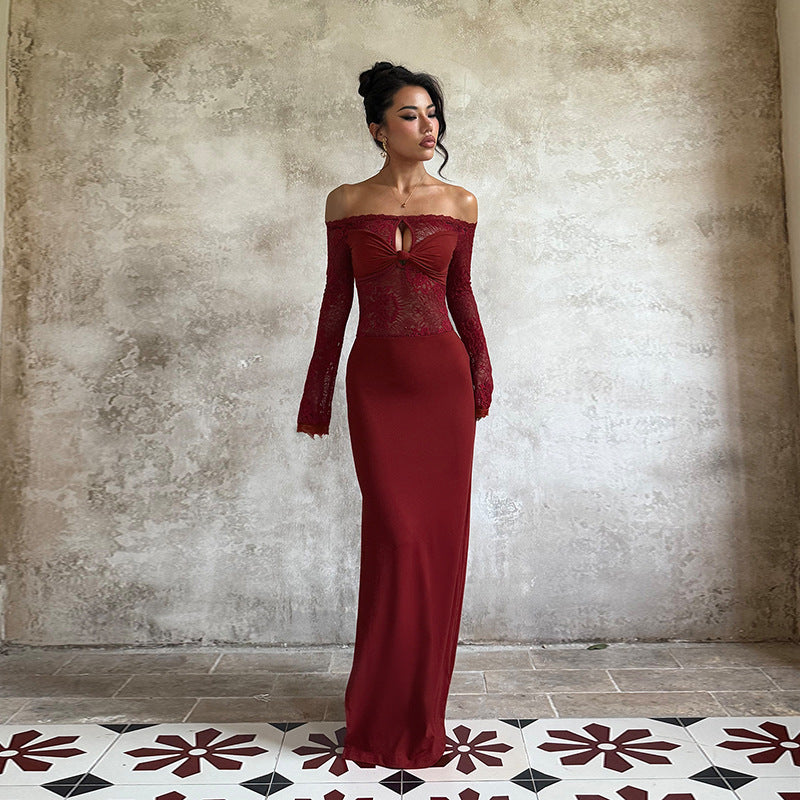 Off Shoulder Bodycon Dress - Lace Long Sleeve Wrap