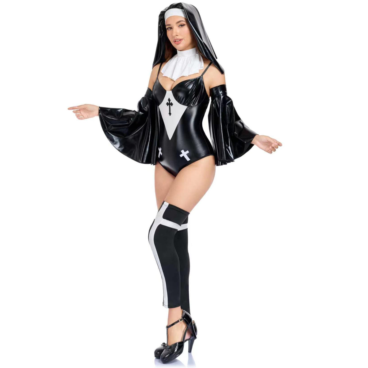 Black nun bodysuit with wide cape sleeves, white cross bib, and striped knee socks