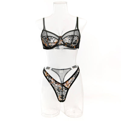Gold Floral Lace Lingerie Set - Underwire Bra & Thong