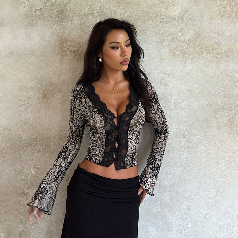 Black Lace Top - Deep V Long Sleeve Slim Fit - Fashions Envy