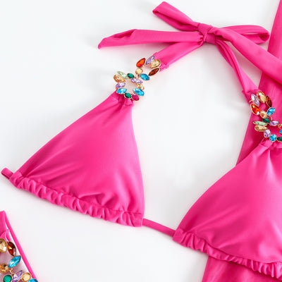 Three-Piece Bikini Set - Rhinestone Embellished Swimsuit - Fashions Envy