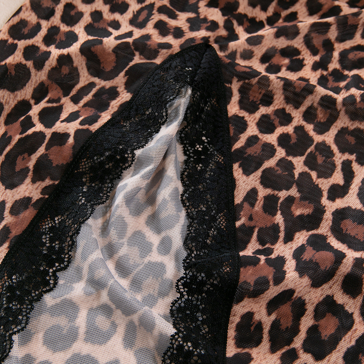 Leopard Print Slip Dress Lingerie Set - Lace Trim & Thong Included