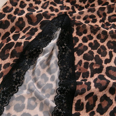 Leopard Print Slip Dress Lingerie Set - Lace Trim & Thong Included
