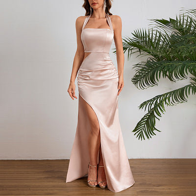 Champagne Satin Halter Maxi Dress - Cutout Waist Ruched Slit Mermaid Gown
