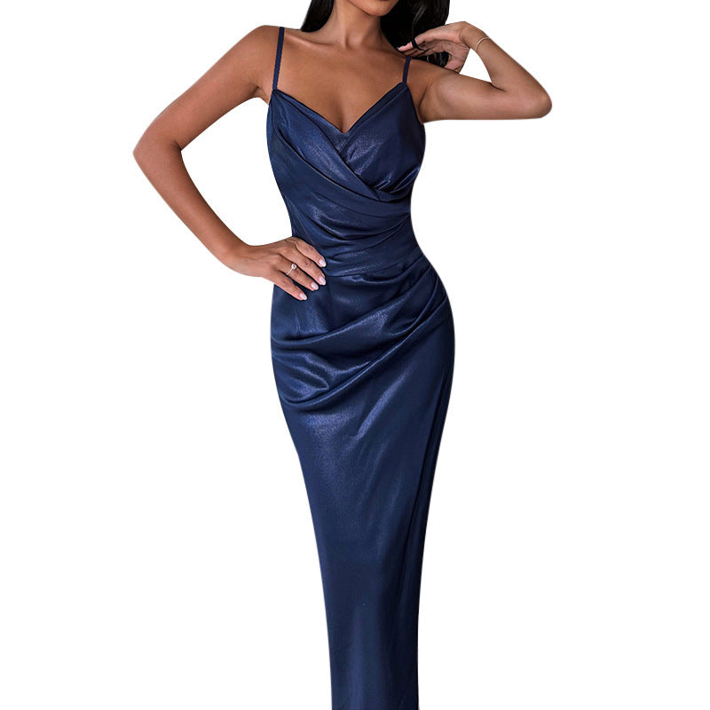 V-Neck Cinched Waist Maxi Dress - Sleeveless Hip Sculpting