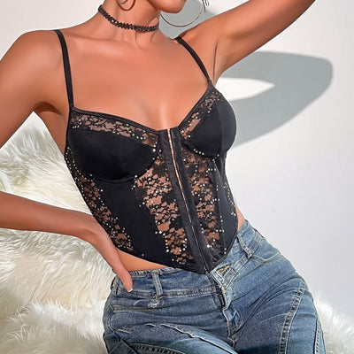 Black Sheer Sequined Corset Top - Sweetheart Neck Cami