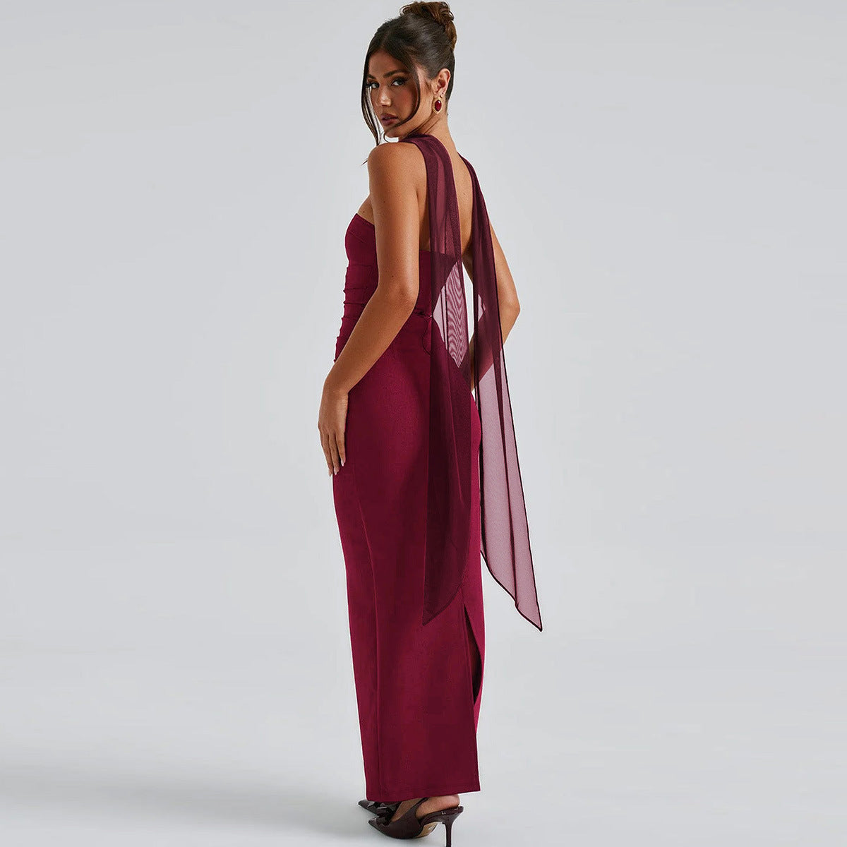 Scarf Tie Strapless Maxi Dress - Column Gown with Mesh Gloves