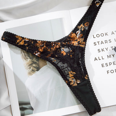 Gold Floral Lace Lingerie Set - Underwire Bra & Thong