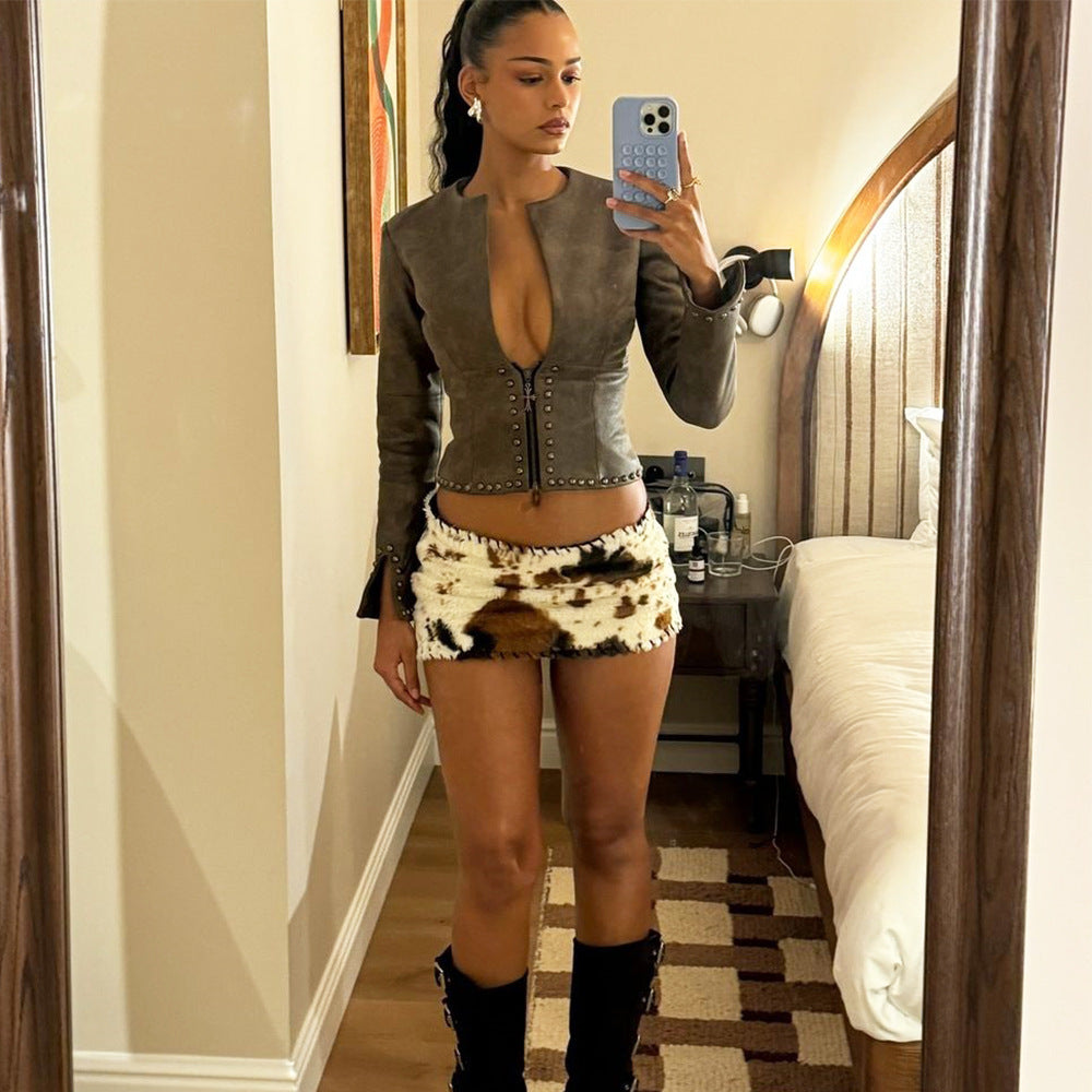 Cow Print Mini Skirt - Knitted Cashmere Fleece