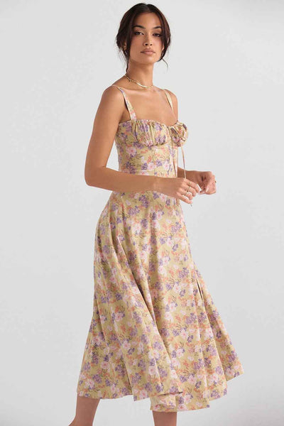 Corset Lace-Up Back Midi Dress - Wide Strap Side Slit