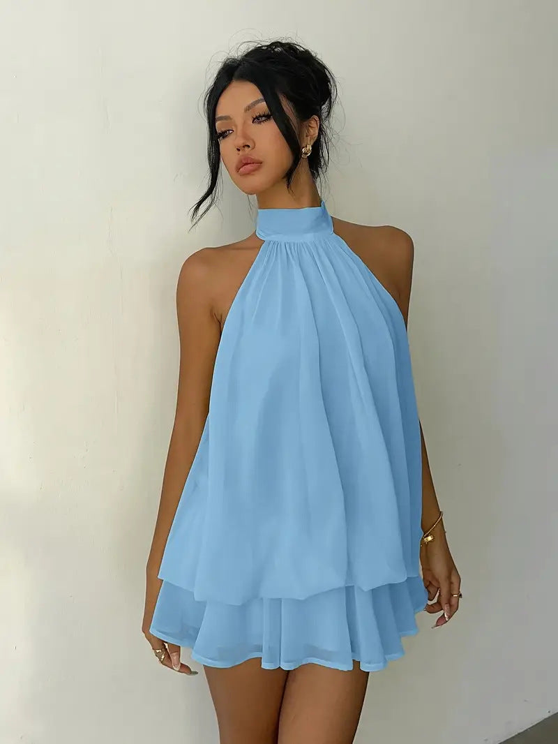 Backless Halter Neck Tiered Mini Dress - Chiffon Vacation Dress