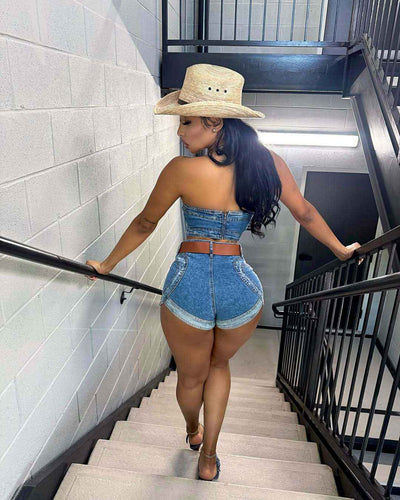 Sexy Heart-shaped Washed Denim Set - Western Style Outfit