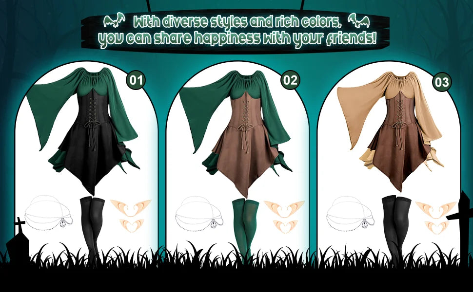 Medieval Elf Fairy Costume Set - Lace-Up Corset Dress