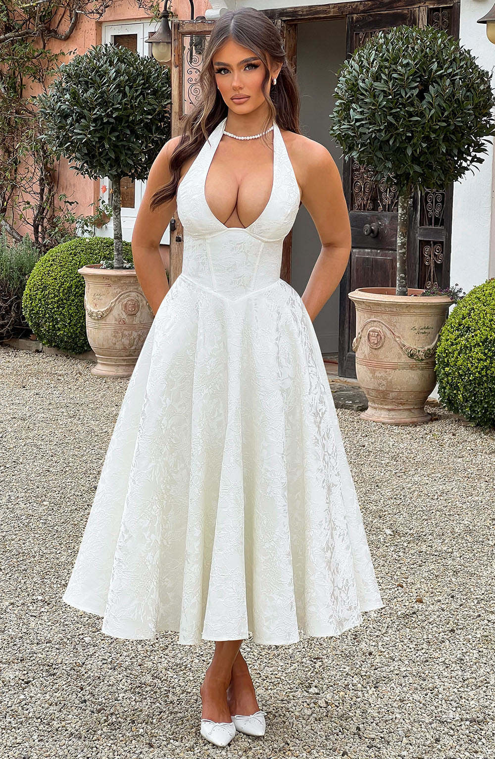 Jacquard Halter Midi Dress - Deep V Corset Waist A-Line Skirt