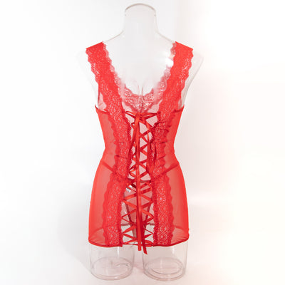 Red lace-trim mesh chemise with lace-up back and scalloped neckline trim