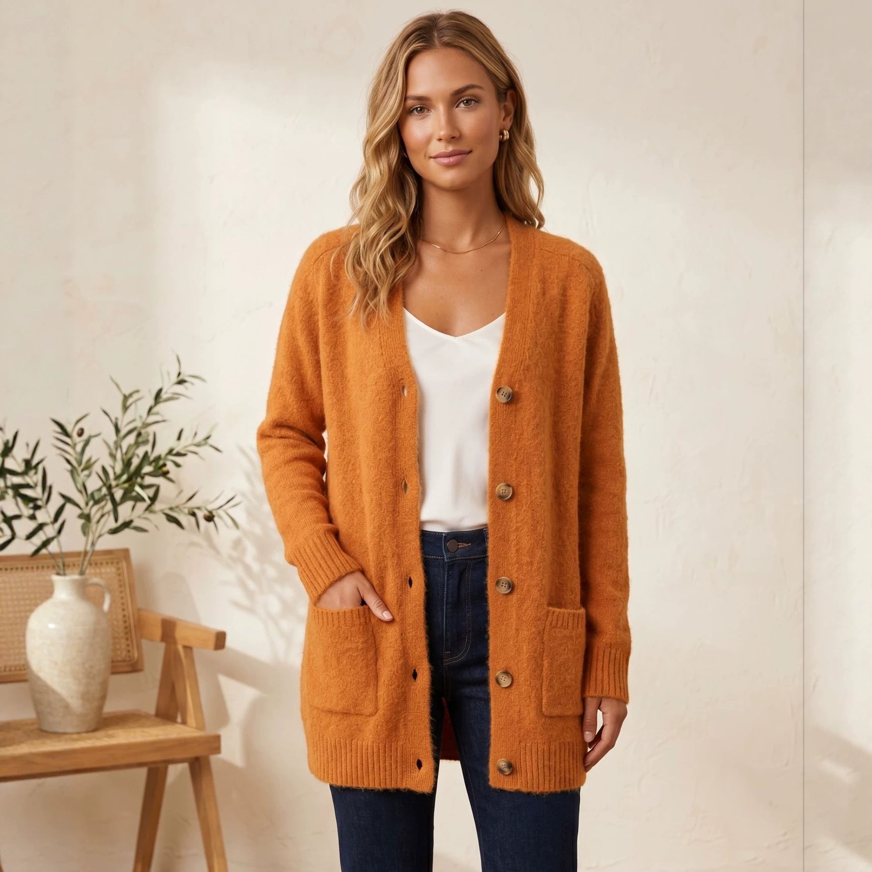 Long Sleeve Knit Cardigan for Women, Loose Oversized Sweater Coat, Thick Cozy Solid Color Button-Up