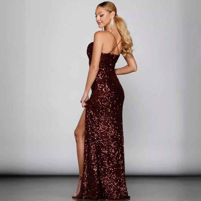 Sequin Camisole Maxi Dress - Thigh Split V-Neck Glam