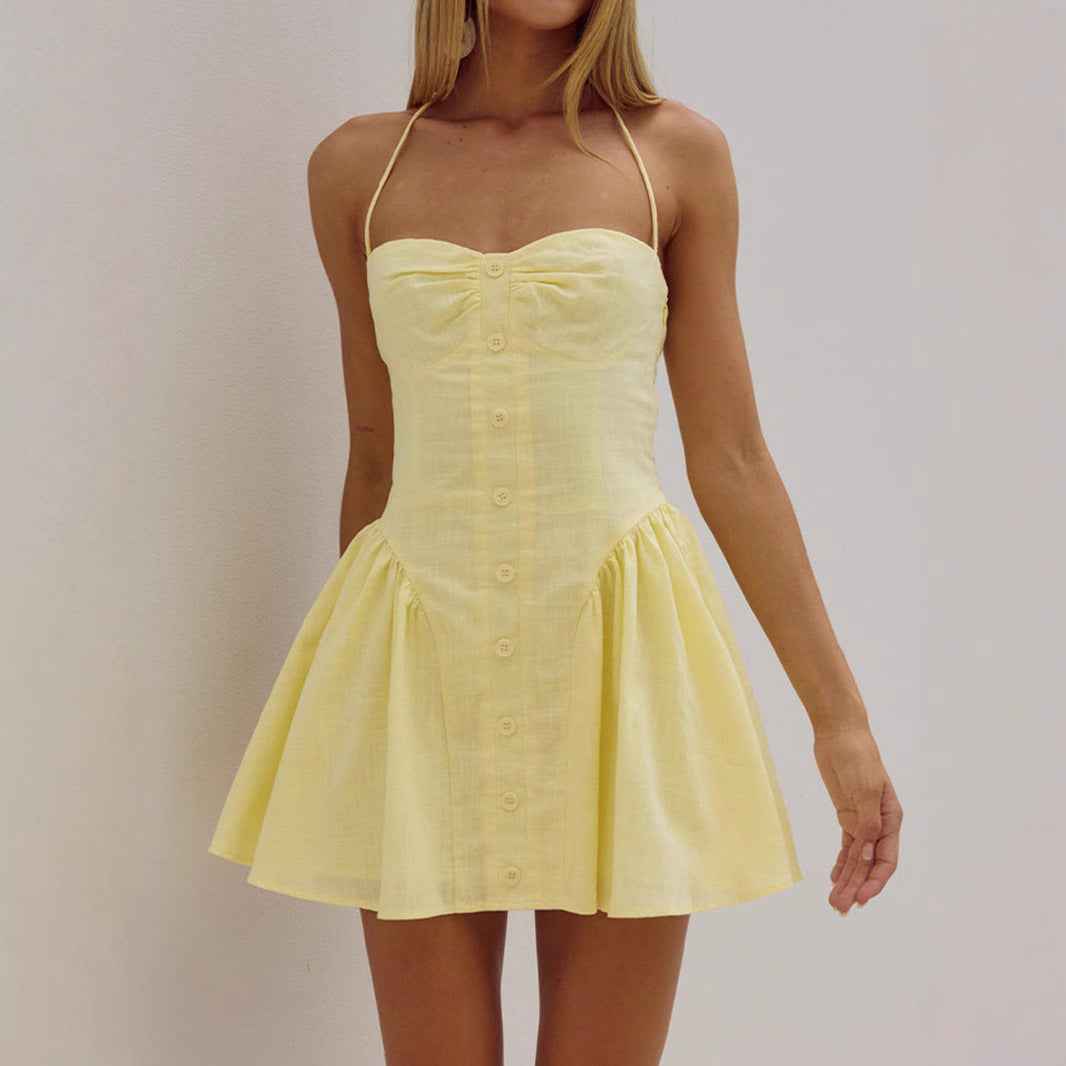 mini yellow summer dress - US 6 lace details Yellow Mini Dress - Ruffled