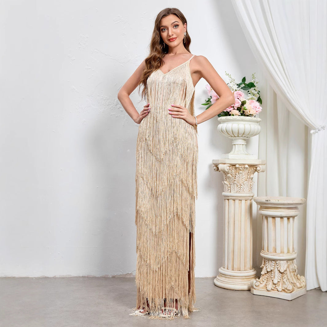 Apricot sleeveless evening gown with V-neck bodice and cascading fringe, full length