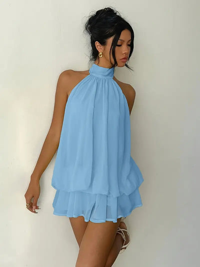 Backless Halter Neck Tiered Mini Dress - Chiffon Vacation Dress