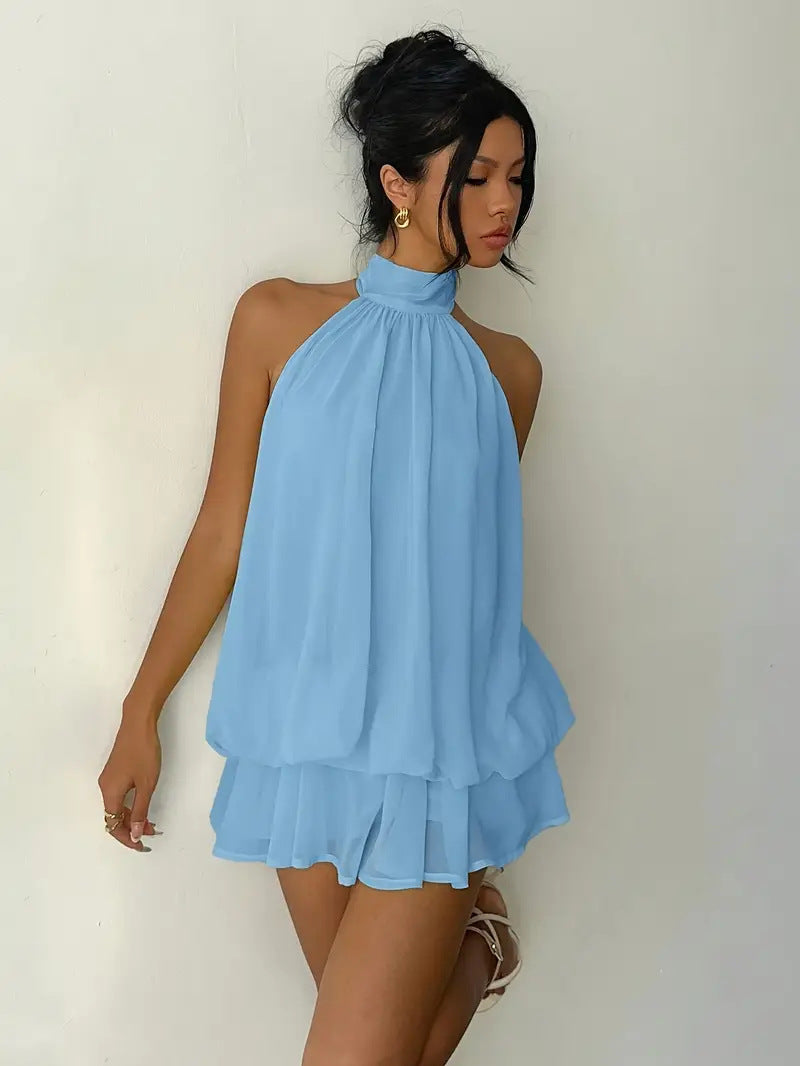 Backless Halter Neck Tiered Mini Dress - Chiffon Vacation Dress