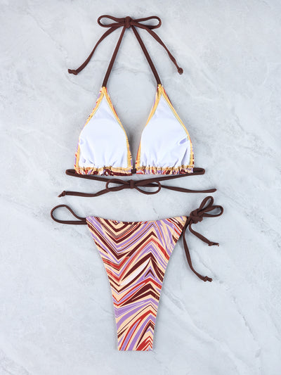White and chevron-pattern halter triangle bikini set with string bottoms