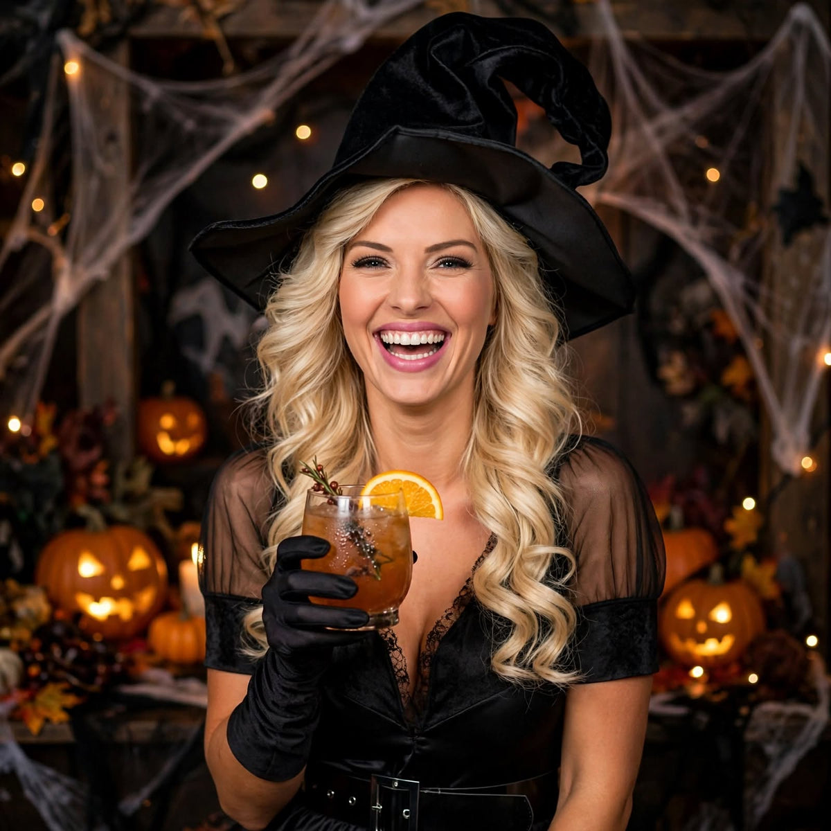 Halloween Witch Costume Dress - Lace V-Neck Puff Sleeves