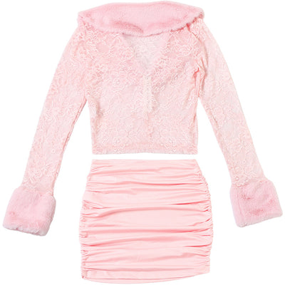 Lace Top and Pleated Skirt Set - Long Sleeve Two Piece - Fashions Envy