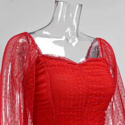 Sweetheart Neckline Lantern Sleeve Blouse - Polka Dot Mesh