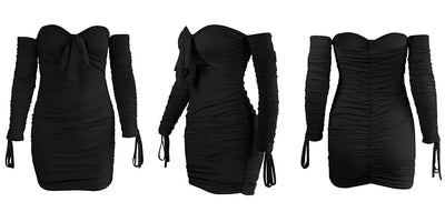 Black off-shoulder bodycon mini dress shown from front, back and side views