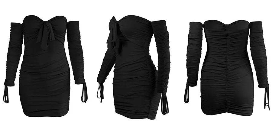 Black off-shoulder bodycon mini dress shown from front, back and side views