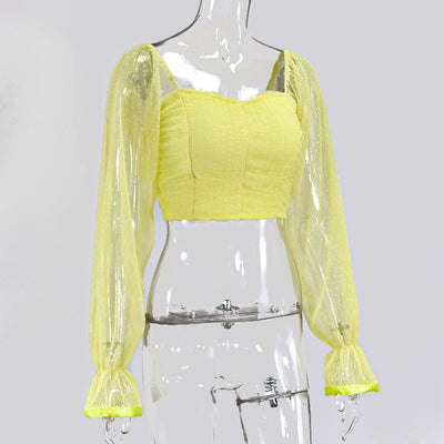 Sweetheart Neckline Lantern Sleeve Blouse - Polka Dot Mesh